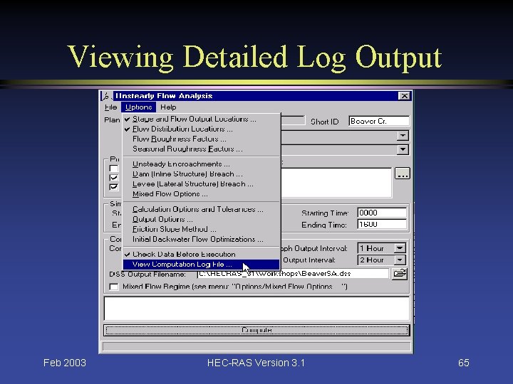 Viewing Detailed Log Output Feb 2003 HEC-RAS Version 3. 1 65 