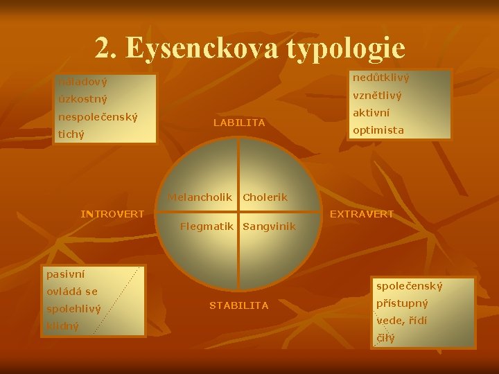 2. Eysenckova typologie náladový nedůtklivý úzkostný vznětlivý nespolečenský aktivní tichý LABILITA Melancholik optimista Cholerik