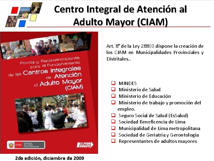 Centro Integral de Atención al Adulto Mayor (CIAM) Art. 8° de la Ley 28803