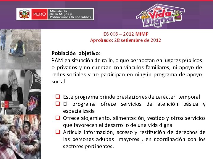 DS 006 – 2012 MIMP Aprobado: 28 setiembre de 2012 Población objetivo: PAM en