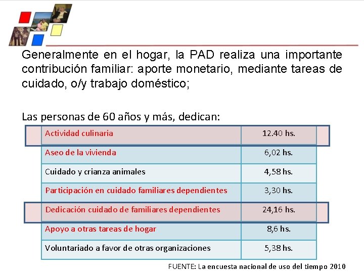 Generalmente en el hogar, la PAD realiza una importante contribución familiar: aporte monetario, mediante