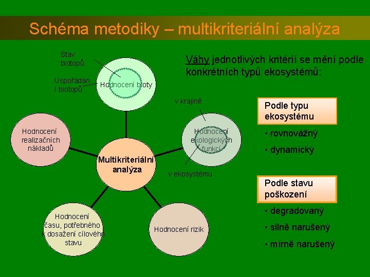Schéma metodiky – multikriteriální analýza Stav biotopů Uspořádán í biotopů Váhy jednotlivých kritérií se