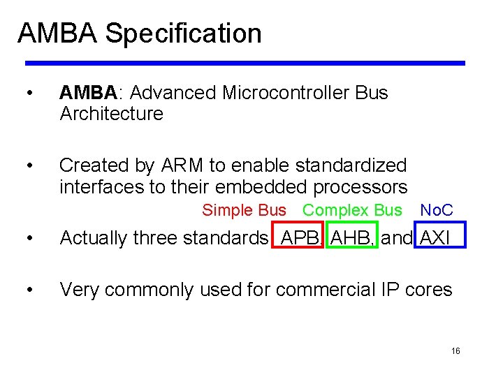 AMBA Specification • AMBA: Advanced Microcontroller Bus Architecture • Created by ARM to enable