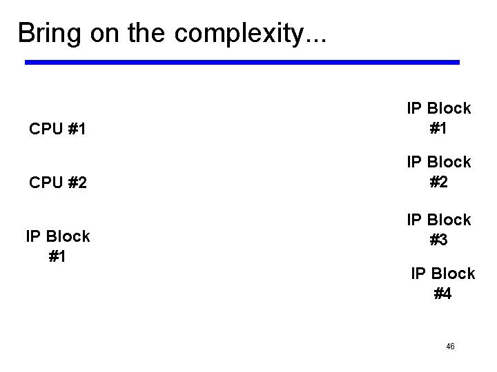 Bring on the complexity. . . CPU #1 IP Block #1 CPU #2 IP