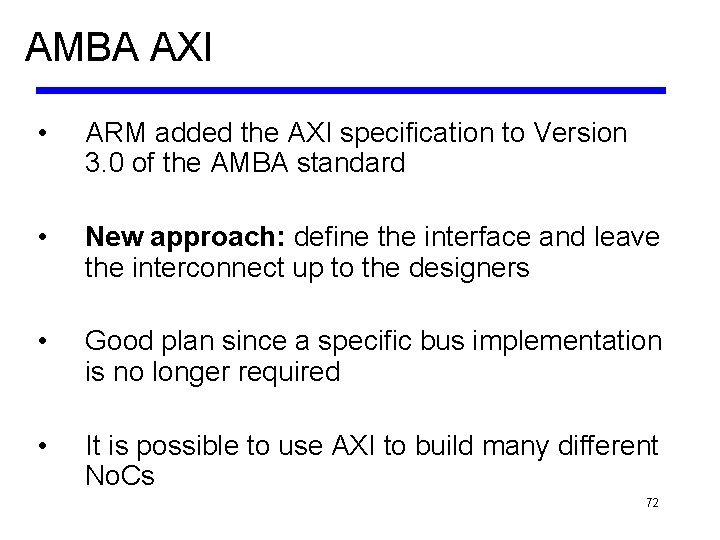 AMBA AXI • ARM added the AXI specification to Version 3. 0 of the