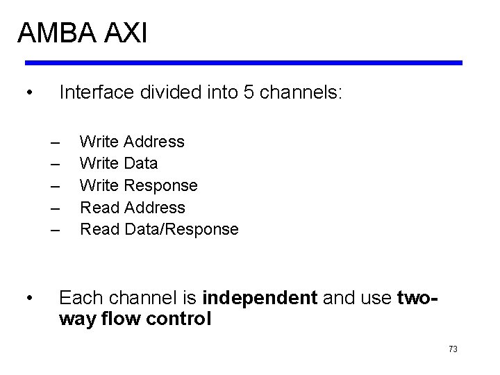 AMBA AXI • Interface divided into 5 channels: – – – • Write Address