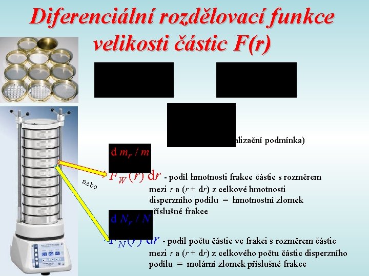 Diferenciální rozdělovací funkce velikosti částic F(r) (normalizační podmínka) neb o FW (r) dr -
