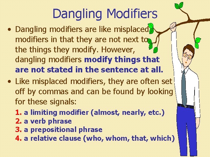 Dangling Modifiers • Dangling modifiers are like misplaced modifiers in that they are not