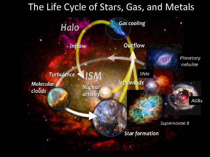 The Life Cycle of Stars, Gas, and Metals Planetary nebulae SNIa AGBs Supernovae II