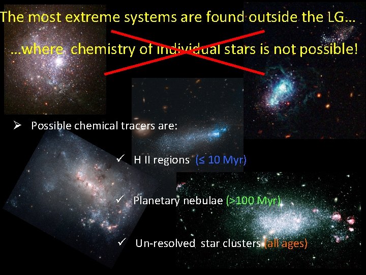 The most extreme systems are found outside the LG… …where chemistry of individual stars