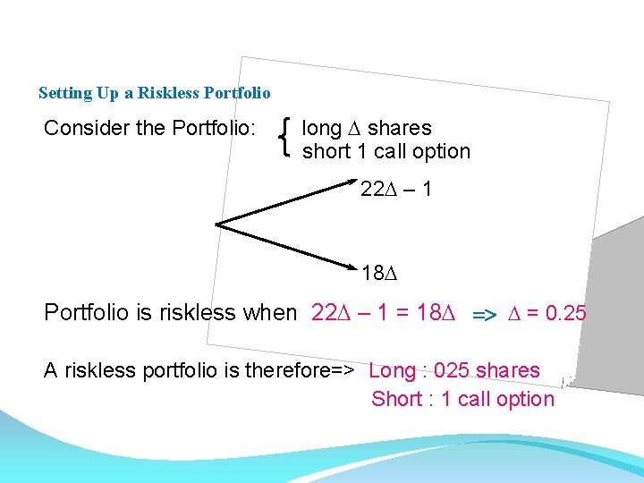Setting Up a Riskless Portfolio Consider the Portfolio: long D shares short 1 call