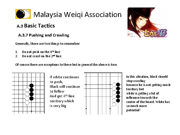 Malaysia Weiqi Association A. 3 Basic Tactics A. 3. 7 Pushing and Crawling Generally,