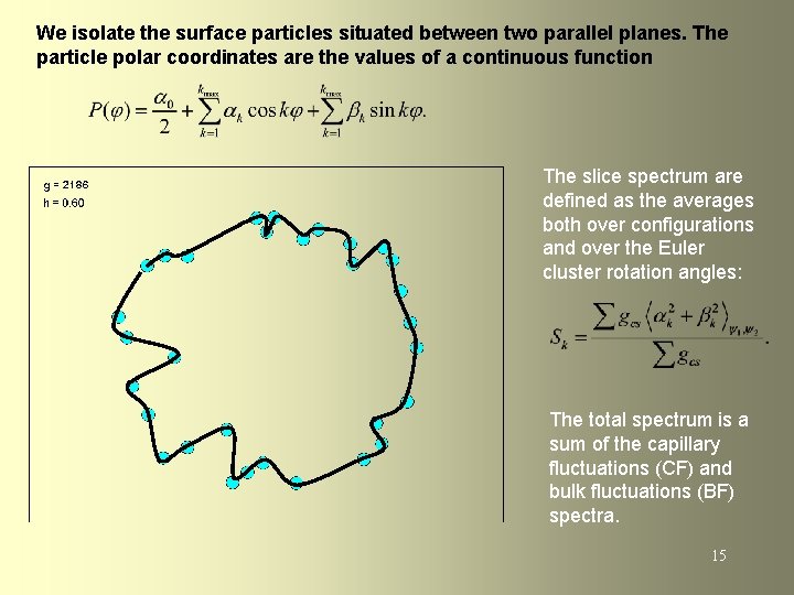 We isolate the surface particles situated between two parallel planes. The particle polar coordinates