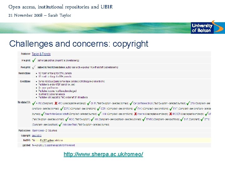 Open access, institutional repositories and UBIR 21 November 2008 – Sarah Taylor Challenges and