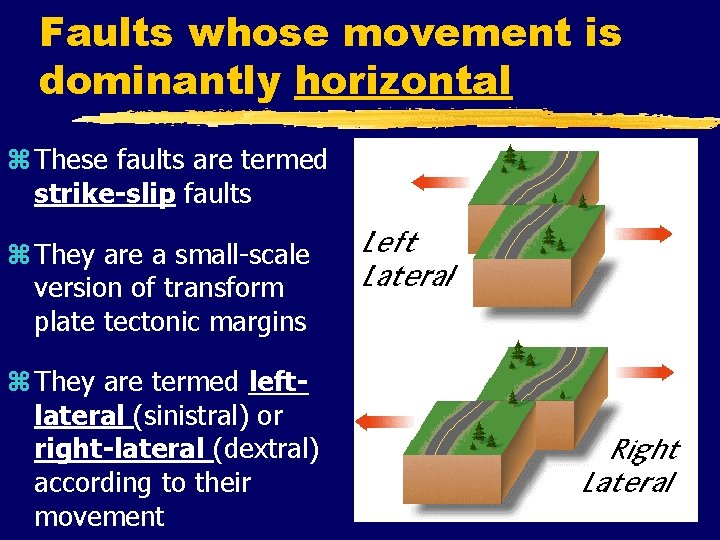 Faults whose movement is dominantly horizontal z These faults are termed strike-slip faults z