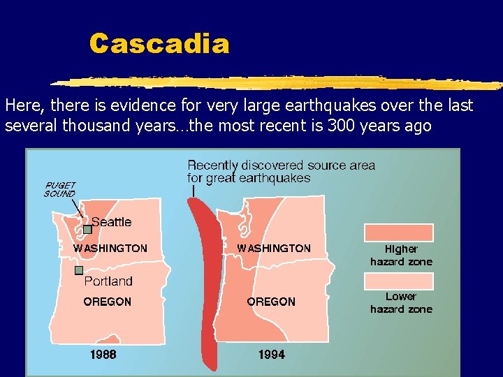 Cascadia Here, there is evidence for very large earthquakes over the last several thousand
