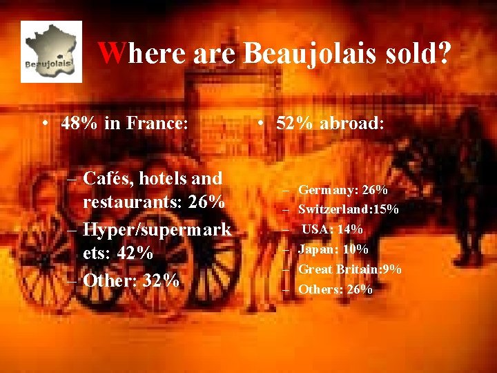  Where are Beaujolais sold? • 48% in France: – Cafés, hotels and restaurants: