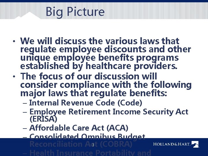 Big Picture • We will discuss the various laws that regulate employee discounts and