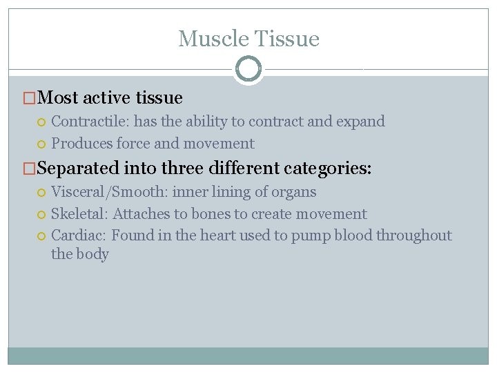Muscle Tissue �Most active tissue Contractile: has the ability to contract and expand Produces