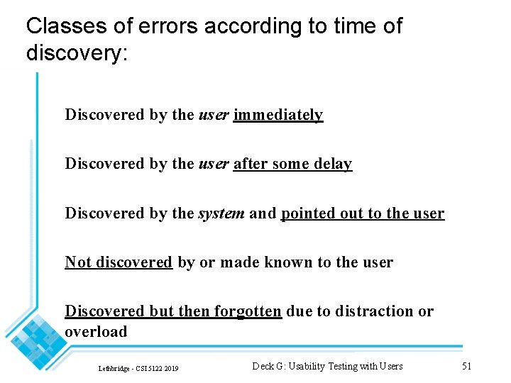 Classes of errors according to time of discovery: Discovered by the user immediately Discovered
