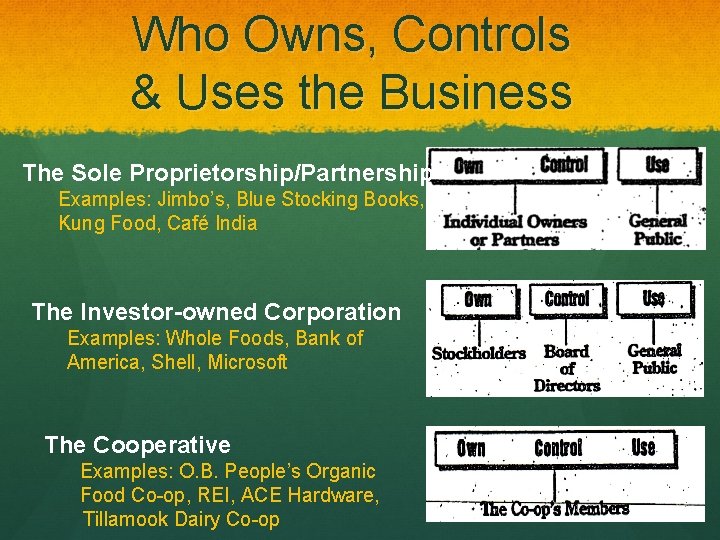 Who Owns, Controls & Uses the Business The Sole Proprietorship/Partnership Examples: Jimbo’s, Blue Stocking