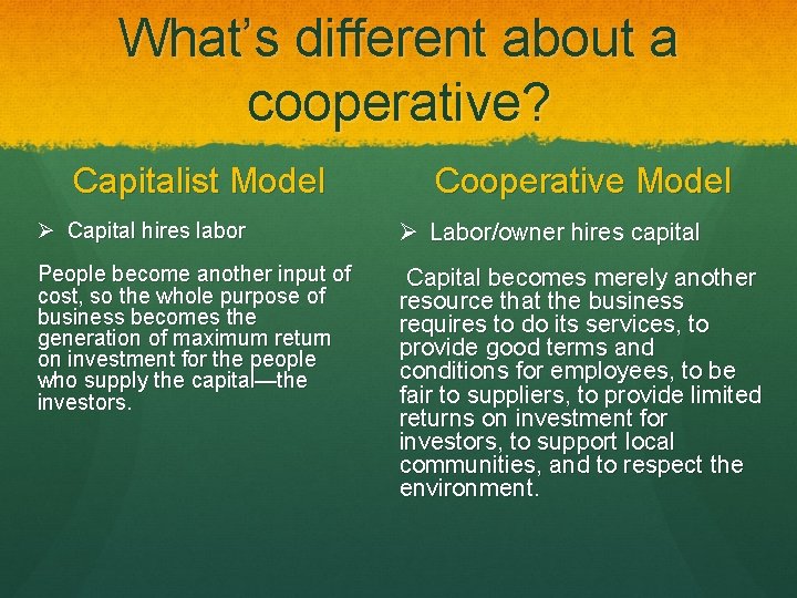 What’s different about a cooperative? Capitalist Model Cooperative Model Ø Capital hires labor Ø
