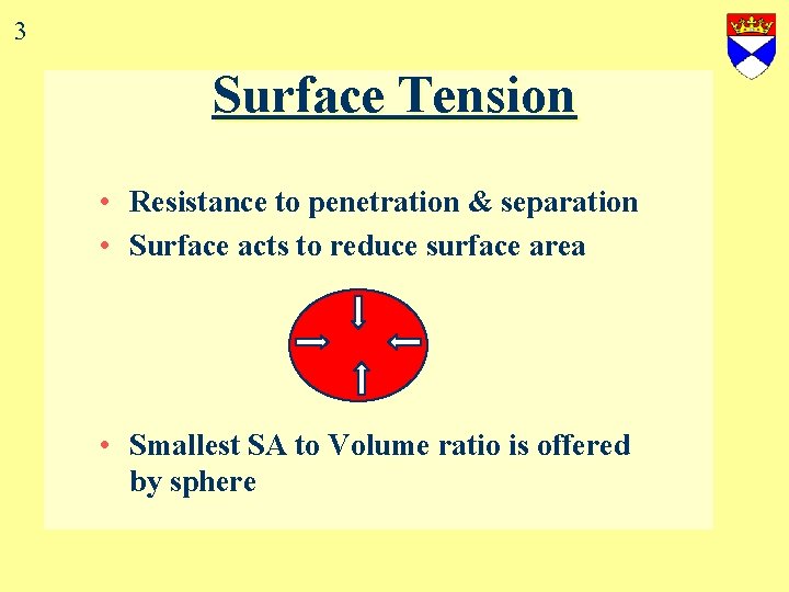 3 Surface Tension • Resistance to penetration & separation • Surface acts to reduce