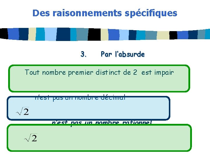 Des raisonnements spécifiques 3. Par l’absurde Tout nombre premier distinct de 2 est impair