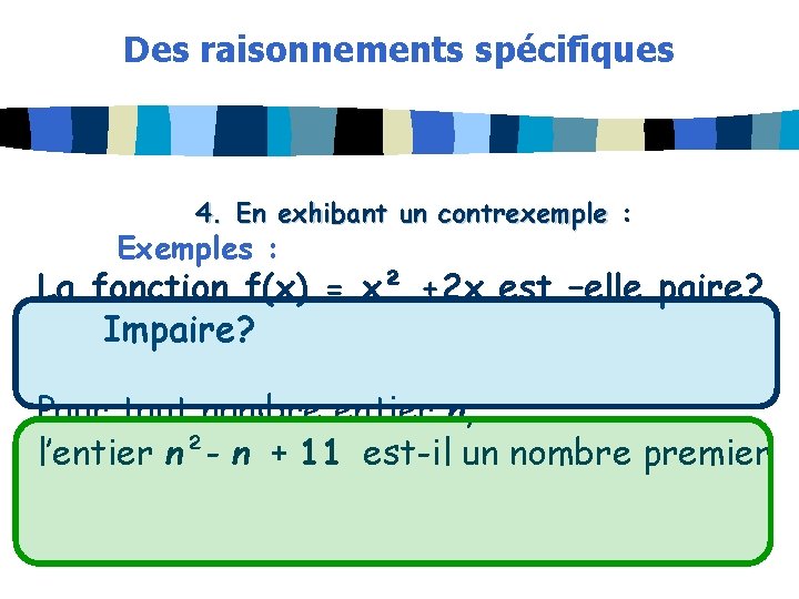 Des raisonnements spécifiques 4. En exhibant un contrexemple : Exemples : La fonction f(x)