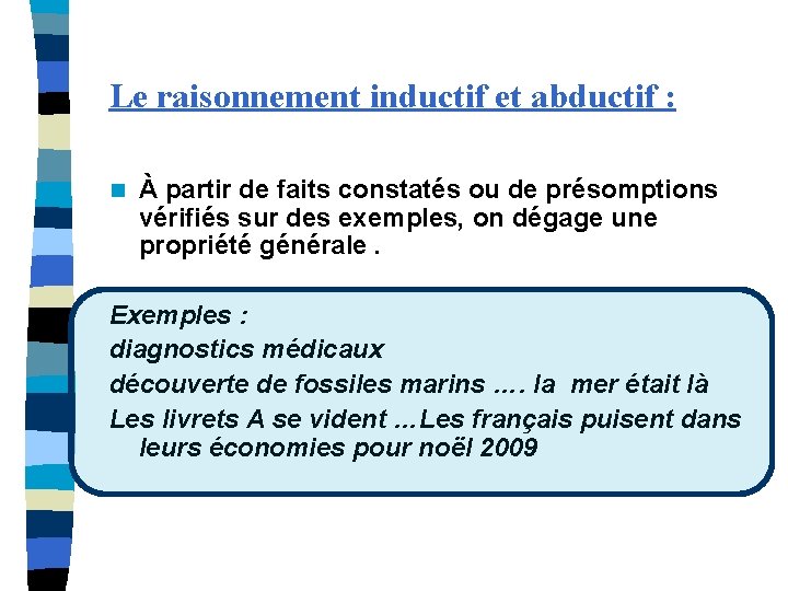 Le raisonnement inductif et abductif : n À partir de faits constatés ou de