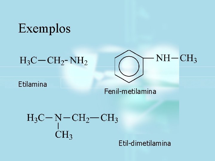 Exemplos Etilamina Fenil-metilamina Etil-dimetilamina 