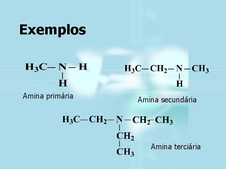 Exemplos Amina primária Amina secundária Amina terciária 