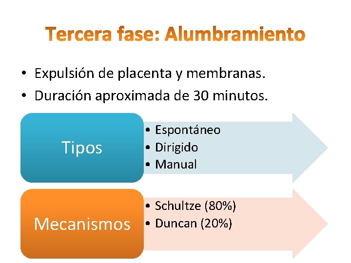  • Expulsión de placenta y membranas. • Duración aproximada de 30 minutos. Tipos