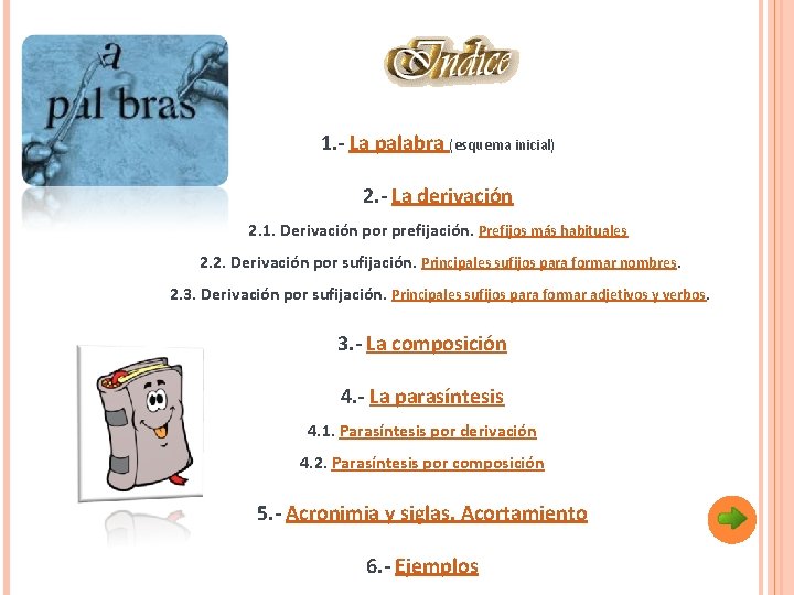 1. - La palabra (esquema inicial) 2. - La derivación 2. 1. Derivación por