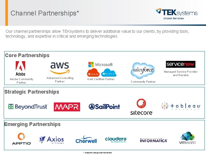 Channel Partnerships* Our channel partnerships allow TEKsystems to deliver additional value to our clients,