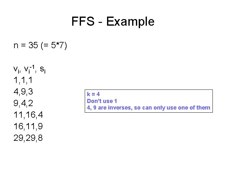 FFS - Example n = 35 (= 5*7) vi, vi-1, si 1, 1, 1
