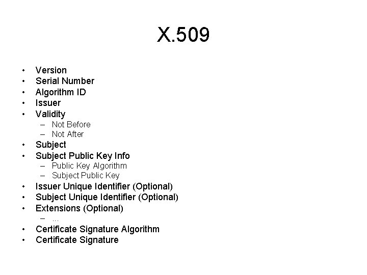 X. 509 • • • Version Serial Number Algorithm ID Issuer Validity – Not