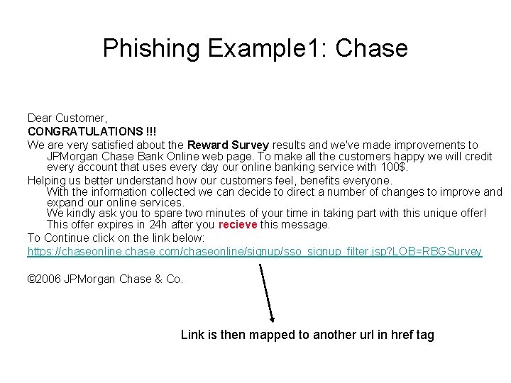 Phishing Example 1: Chase Dear Customer, CONGRATULATIONS !!! We are very satisfied about the