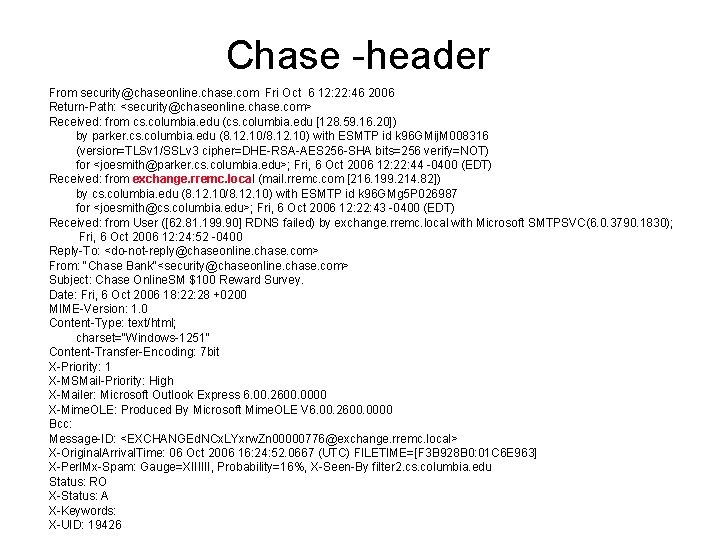 Chase -header From security@chaseonline. chase. com Fri Oct 6 12: 22: 46 2006 Return-Path: