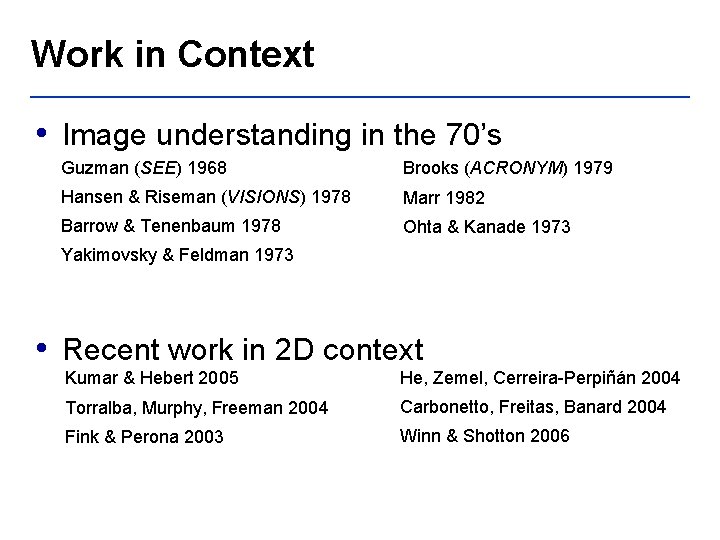 Work in Context • Image understanding in the 70’s Guzman (SEE) 1968 Brooks (ACRONYM)