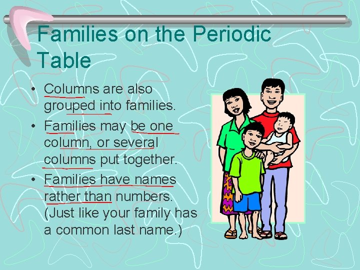 Families on the Periodic Table • Columns are also grouped into families. • Families