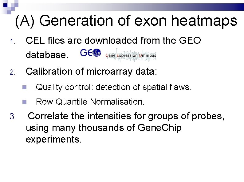 (A) Generation of exon heatmaps 1. CEL files are downloaded from the GEO database.