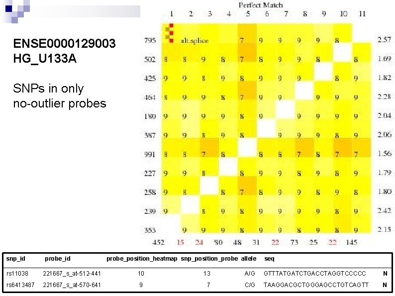 ENSE 0000129003 HG_U 133 A SNPs in only no-outlier probes snp_id probe_position_heatmap snp_position_probe allele