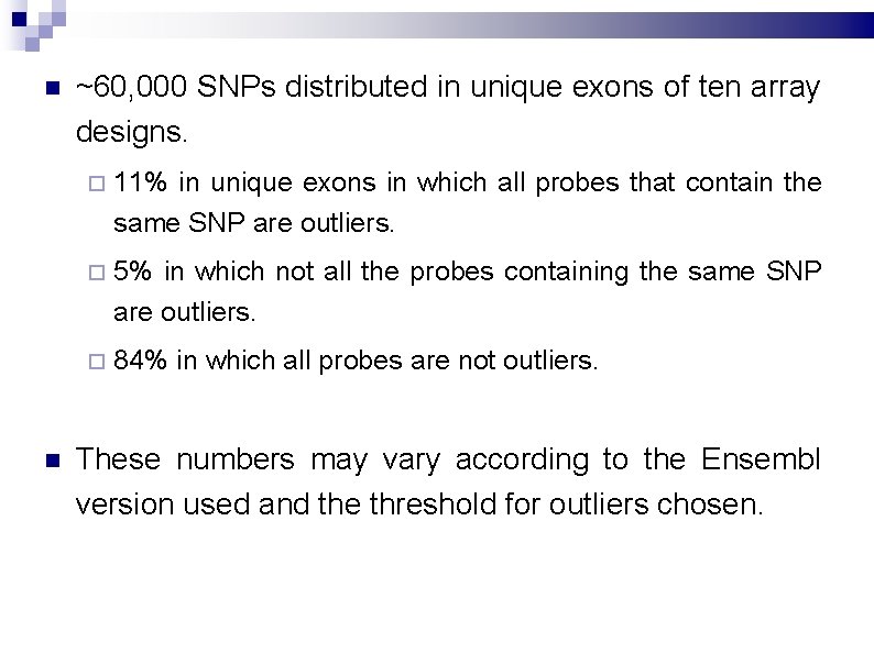  ~60, 000 SNPs distributed in unique exons of ten array designs. 11% in