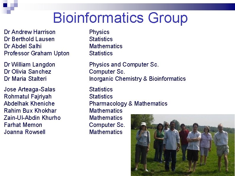 Bioinformatics Group Dr Andrew Harrison Dr Berthold Lausen Dr Abdel Salhi Professor Graham Upton