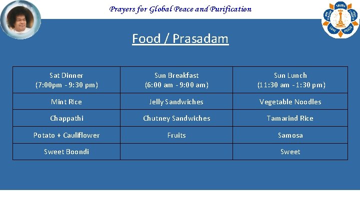 Prayers for Global Peace and Purification Food / Prasadam Sat Dinner (7: 00 pm