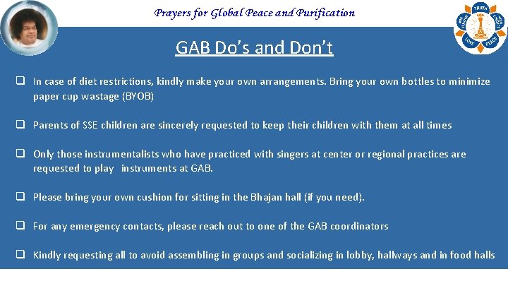 Prayers for Global Peace and Purification GAB Do’s and Don’t q In case of
