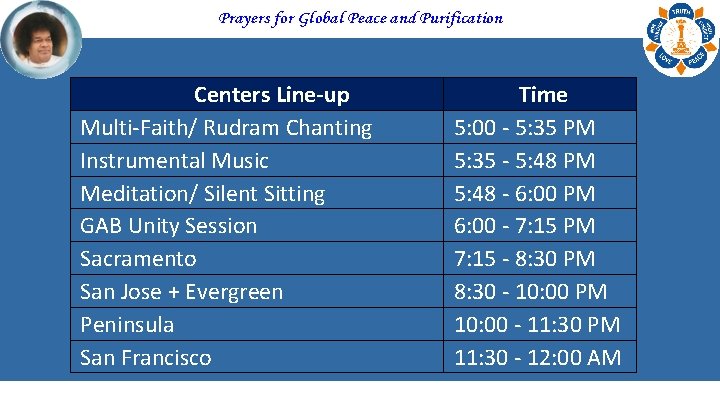 Prayers for Global Peace and Purification Centers Line-up Multi-Faith/ Rudram Chanting Instrumental Music Meditation/