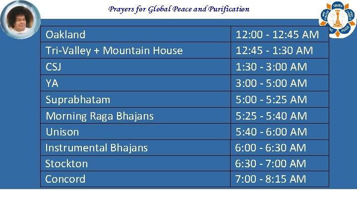 Prayers for Global Peace and Purification Oakland Tri-Valley + Mountain House CSJ YA Suprabhatam