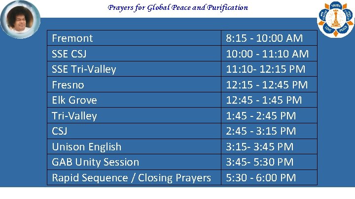 Prayers for Global Peace and Purification Fremont SSE CSJ SSE Tri-Valley Fresno Elk Grove